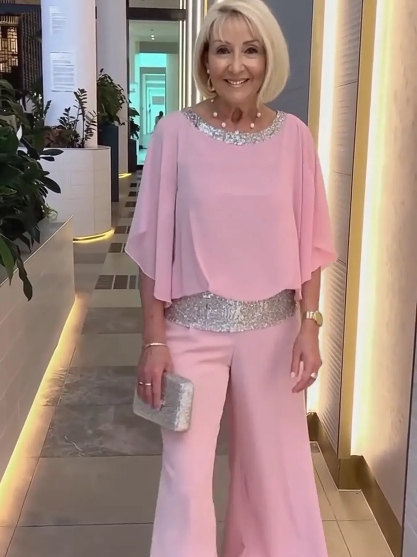 Shine Bright Pink Gorgeous Outfit with Sequins Wedding Tunic Party Suit  Chiffon Opaque Soft Fabric Two Piece Set