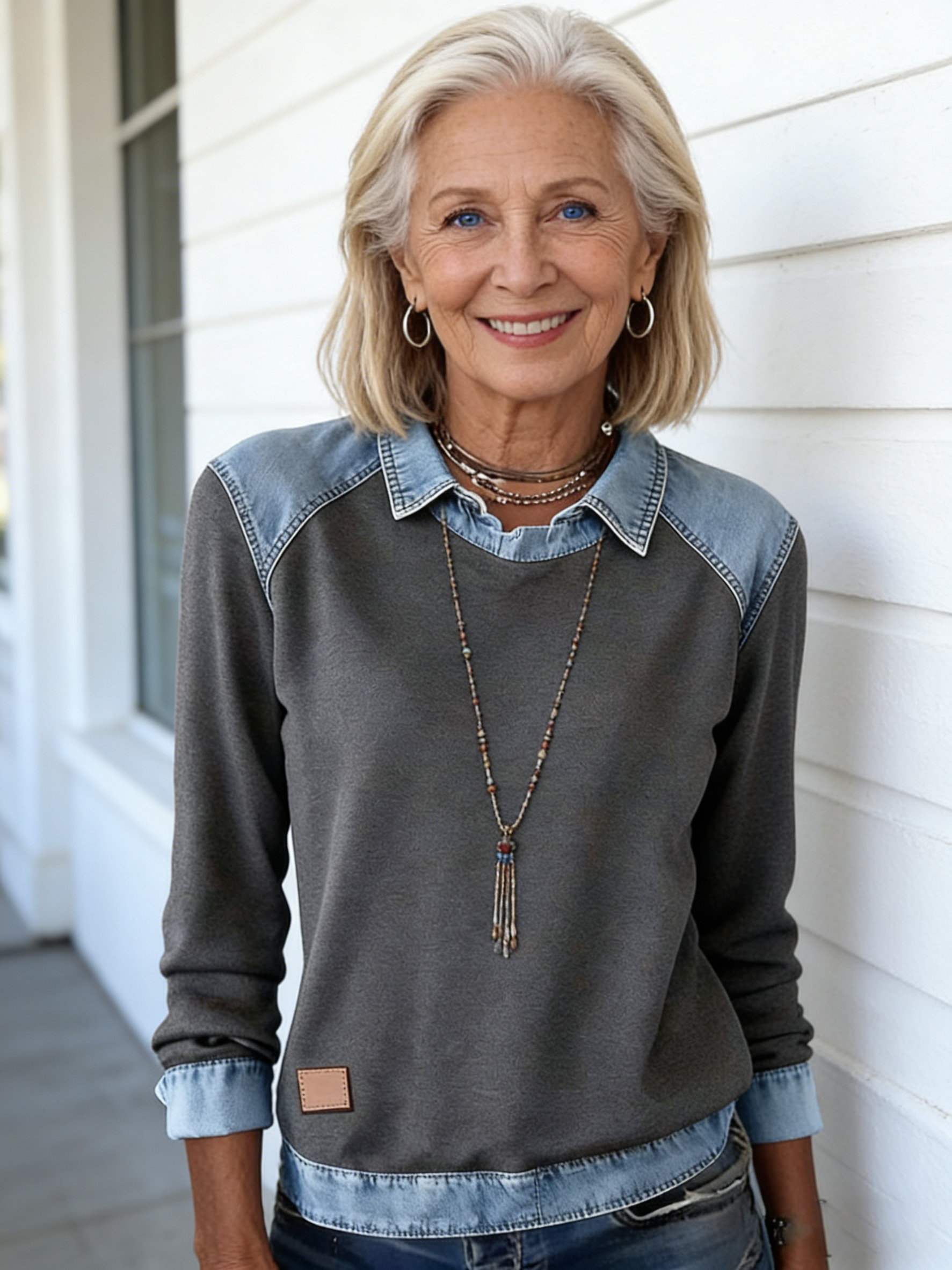 Denim Collar Long Sleeves, Pullover Stitched Knitted Sweater Top