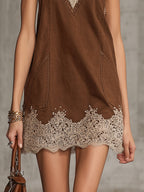 Brown V-Neck Mini Dress With Lace Trim And Pockets