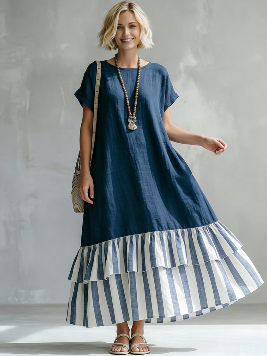 Cozy Striped Patchwork Ruffled Loose Cotton-linen Maxi Dress