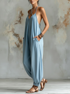 Light Blue Tencel Denim Halter Backless Loose Jumpsuit