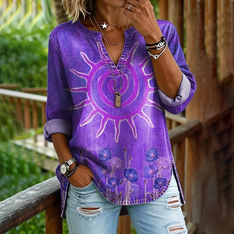 Women's Hippie Sun And Floral Print Blouse