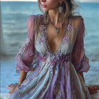 Boho Lavender Floral Embroidered Lace Gradient Flowy Linen Maxi Dress
