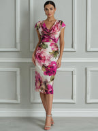 Elegant Floral Ruched Bodycon Midi Dress