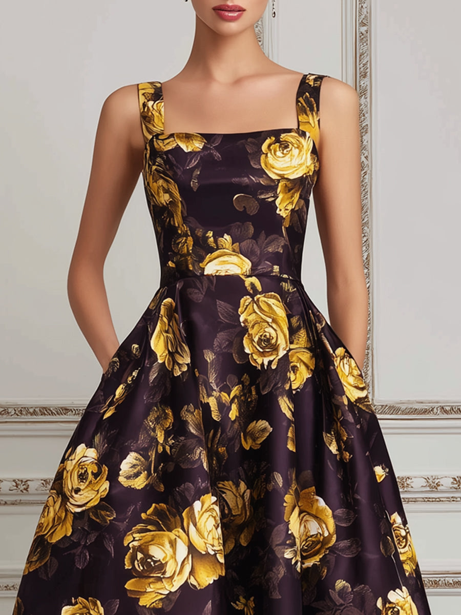 Dark Purple & Gold Rose Print A-Line Midi Dress