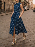 Midi Cotton Dress , Sleeveless, Shawl Collar, Polka Dots, Button Design, French Vintage, Purplish Blue