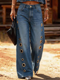 Women's High-waisted Casual Loose Wide-leg Jeans With Metal Cutout Design