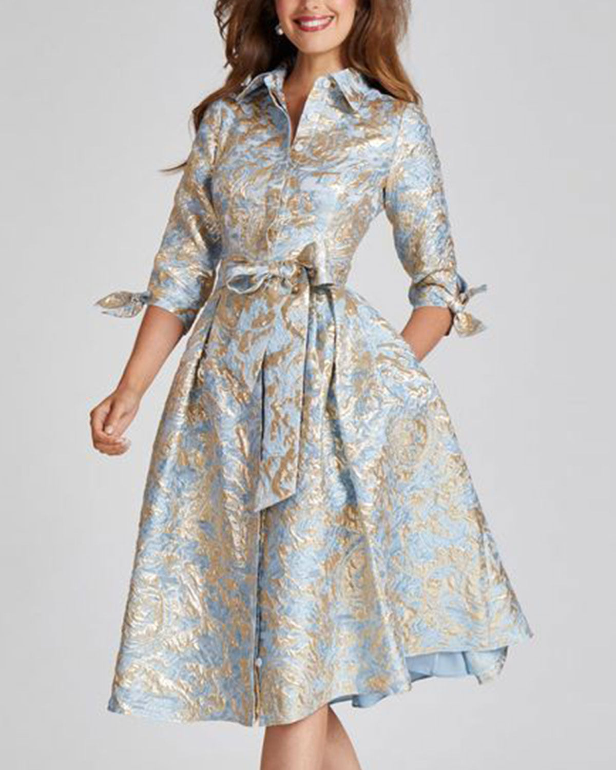 Metallic Pattern Jacquard Shirtdress
