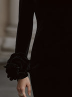 Elegant Velvet Mini Dress With Embellished Neckline And Floral Cuff Detail