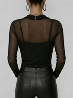 Women's Swing Neck Long-sleeved Casual Loose-fitting Sheer Mesh Top
