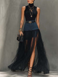 Black Denim Patchwork T-Shirt And Mesh Maxi Skirt Set With Side Slit