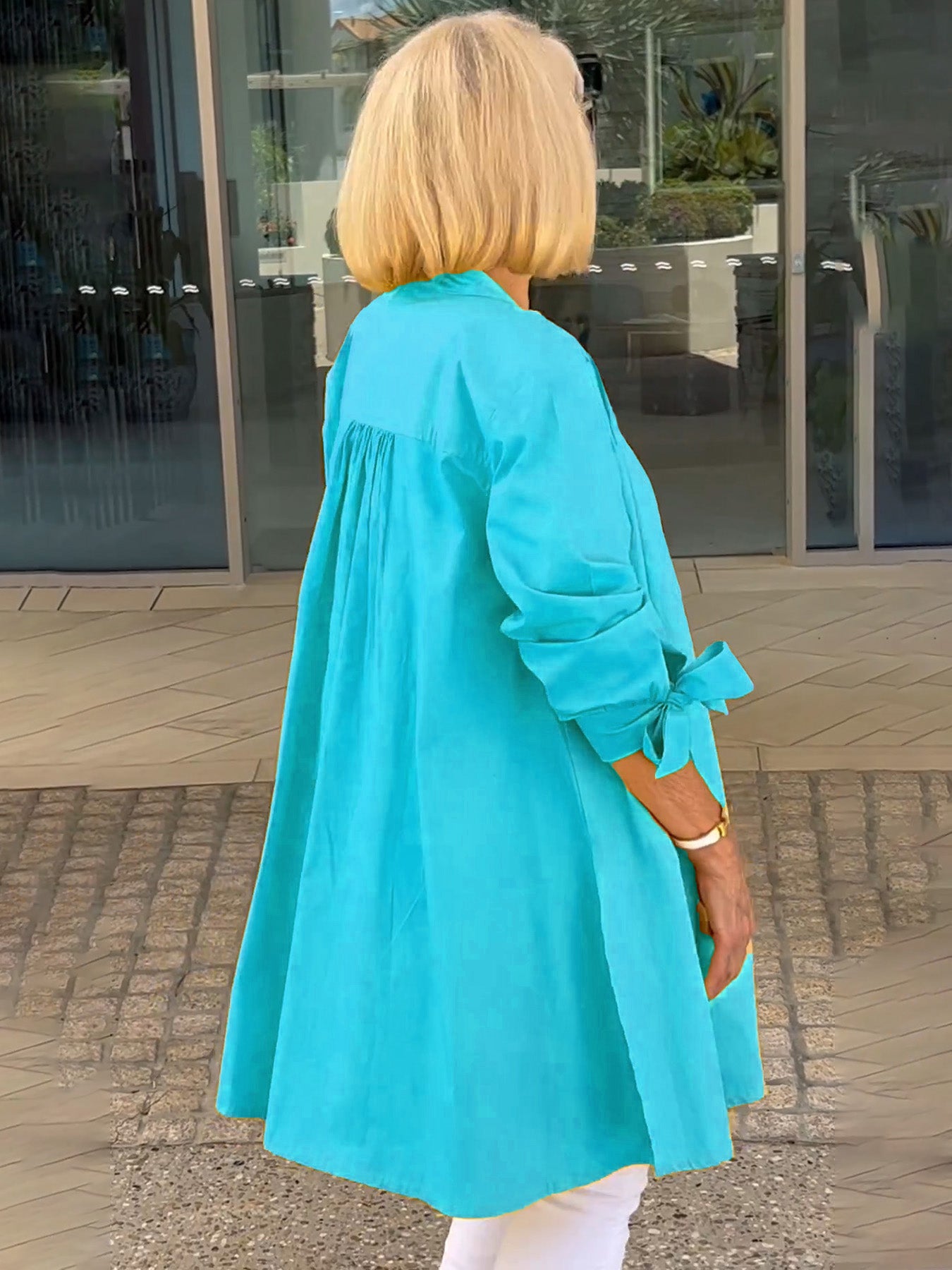 Solid Color Long Cotton Shirt Jackets Women Swing Jacket Shap Flattering Gathered Yolk At The Back