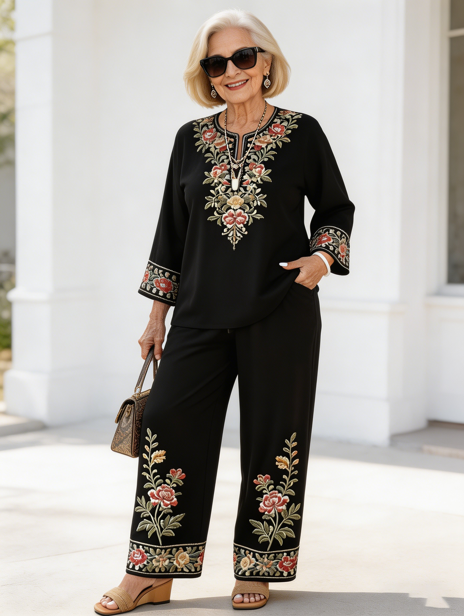 2Pcs Vacation Long-sleeved Lace Flower Long-sleeved Ethnic Style Suit