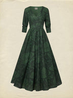 Maxi Linen Dress, Half Sleeve, V Neck, Floral, Vacation, Vintage, Deep Green