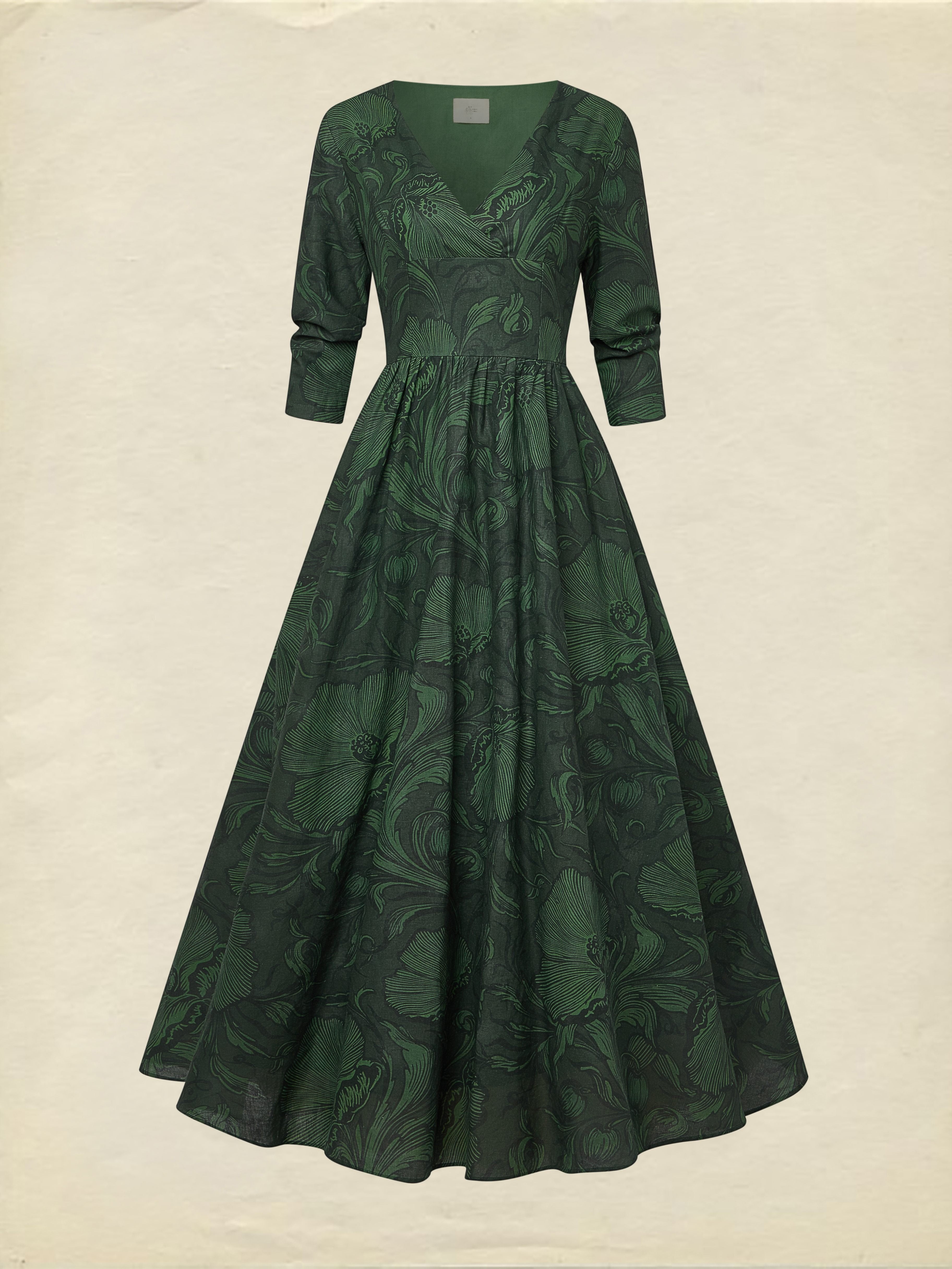 Maxi Linen Dress, Half Sleeve, V Neck, Floral, Vacation, Vintage, Deep Green