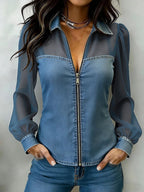 Women's Retro Organza-paneled Casual Zip-front Denim Shirt