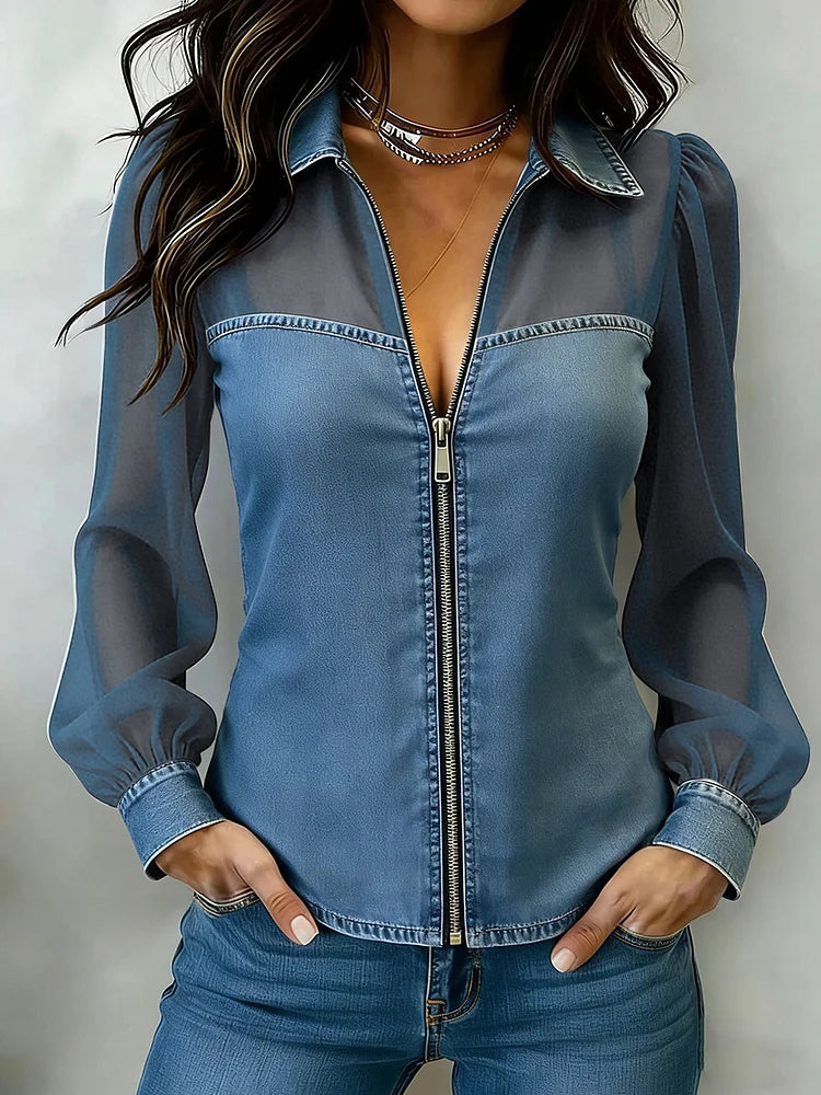 Women's Retro Organza-paneled Casual Zip-front Denim Shirt