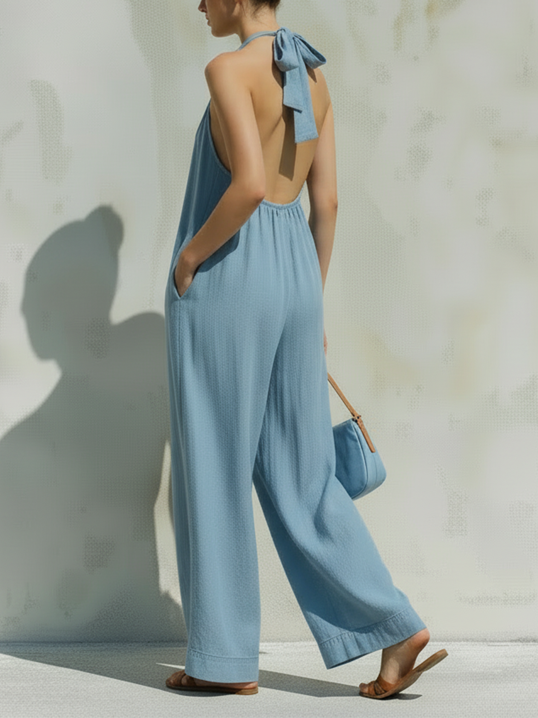 Light Blue Tencel Denim Loose Jumpsuit