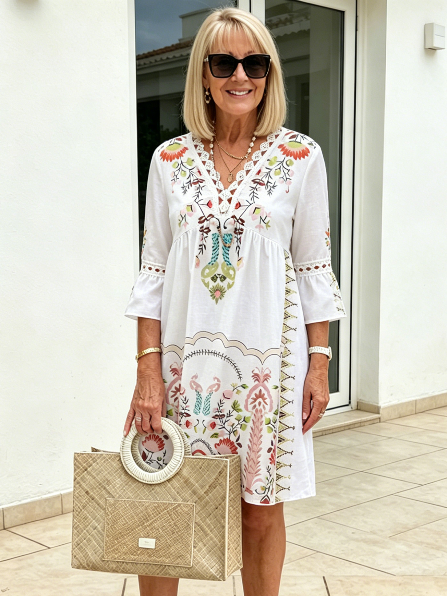 V-neck Printed Lace Stitching Bohemian Casual Vacation Style Dress