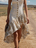 Vintage Western V-Neck Paisley Print Asymmetrical Hem White Denim Midi Dress