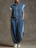 Women's Stand-collar Short-sleeved Casual Loose Denim Top And High-waisted Wide-leg Jeans Set.