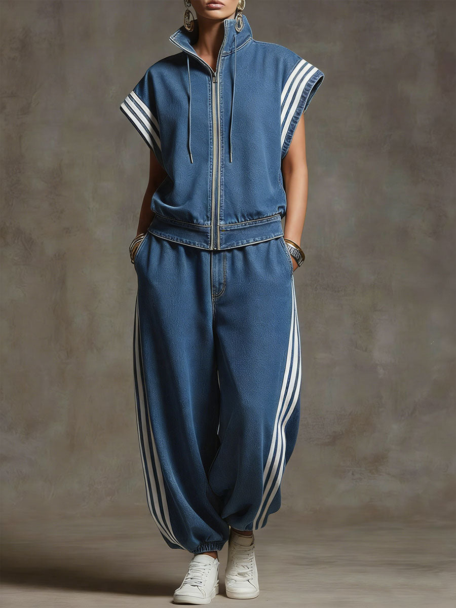 Women's Stand-collar Short-sleeved Casual Loose Denim Top And High-waisted Wide-leg Jeans Set.