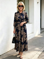 Navy Vintage Floral Maxi Dress, Ruffle Neck 3/4 Sleeve Elastic Waist Slimming Dress for Mature Women