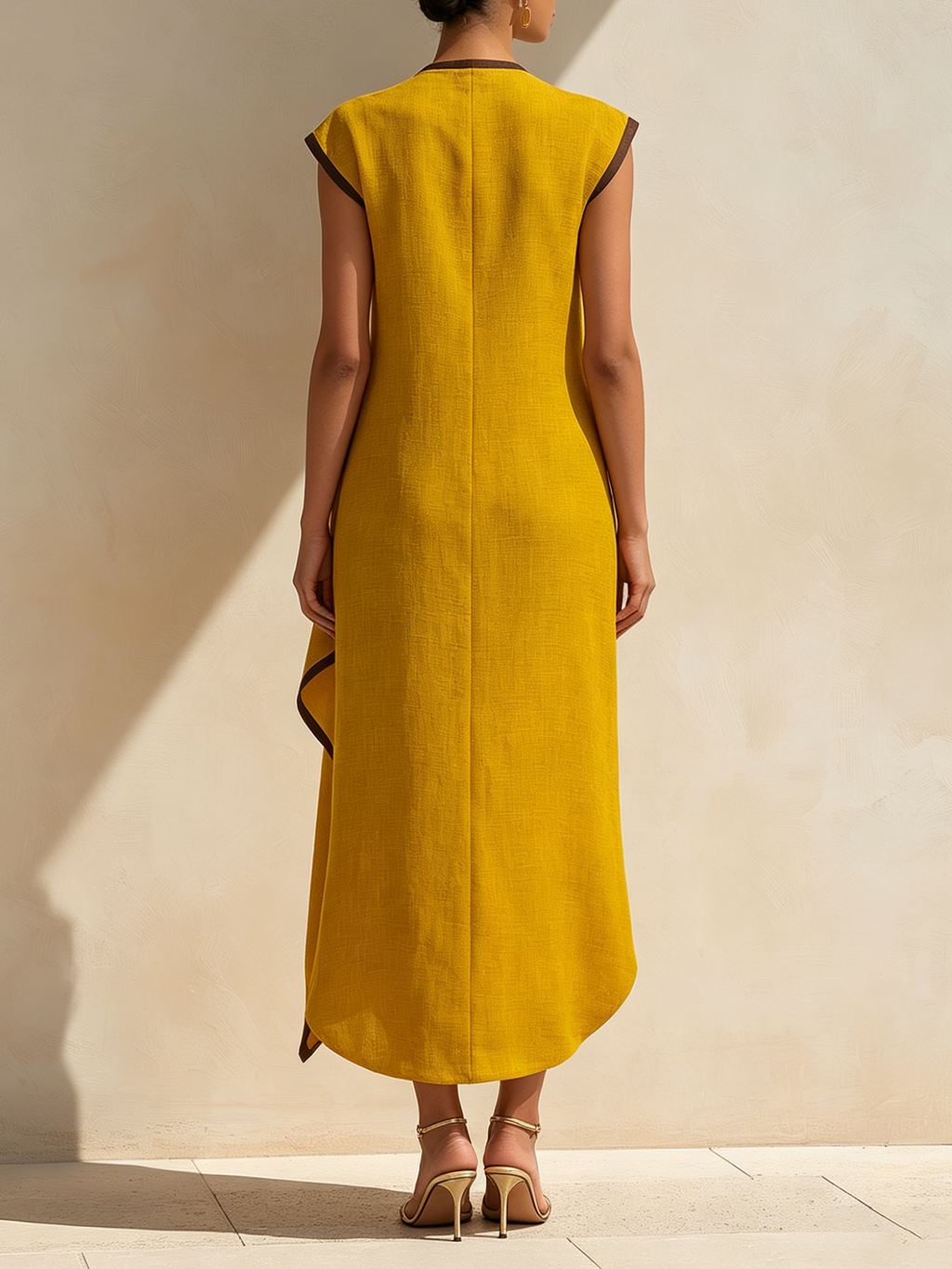 Asymmetrical Linen-Blend Midi Dress With Contrast Trim And Statement Buttons