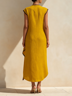 Asymmetrical Linen-Blend Midi Dress With Contrast Trim And Statement Buttons
