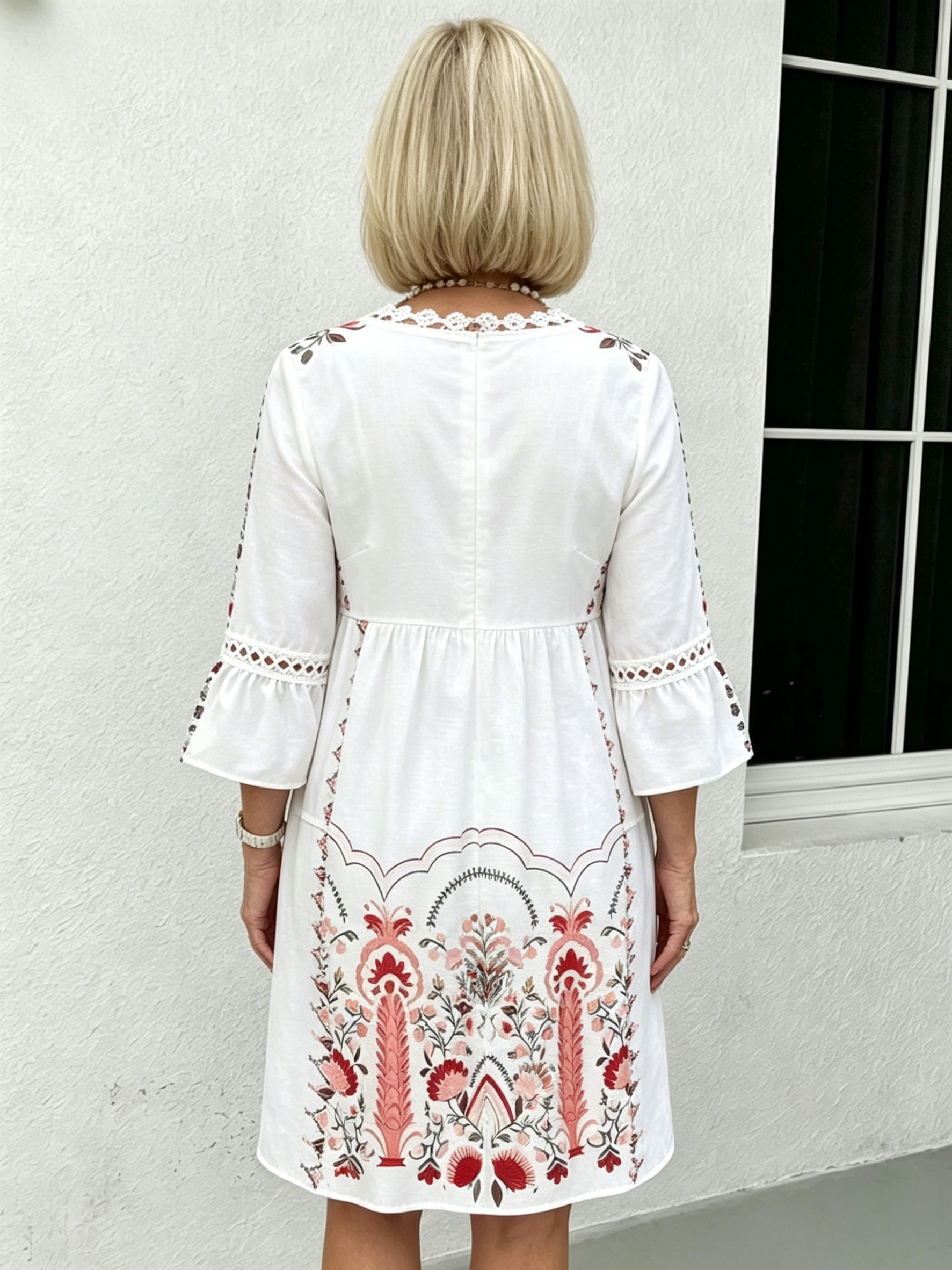 V-neck Printed Lace Stitching Bohemian Casual Vacation Style Dress