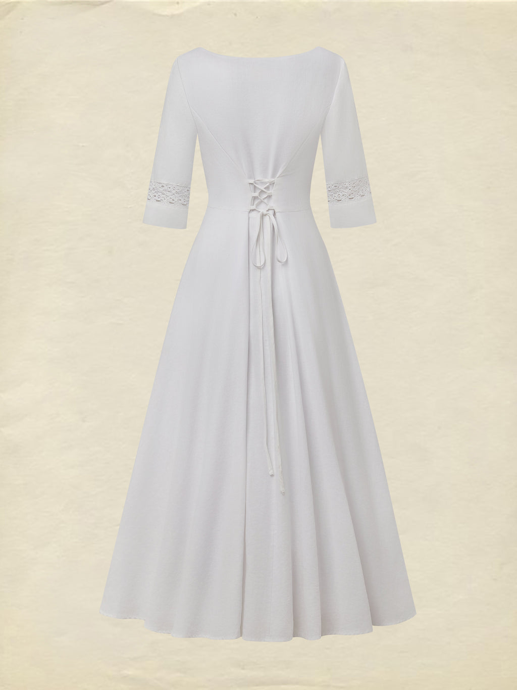 Midi Cotton Dress, Half Sleeve, Round Neck, Plain, Lace, Vacation, Vintage, White