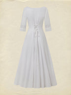 Midi Cotton Dress, Half Sleeve, Round Neck, Plain, Lace, Vacation, Vintage, White