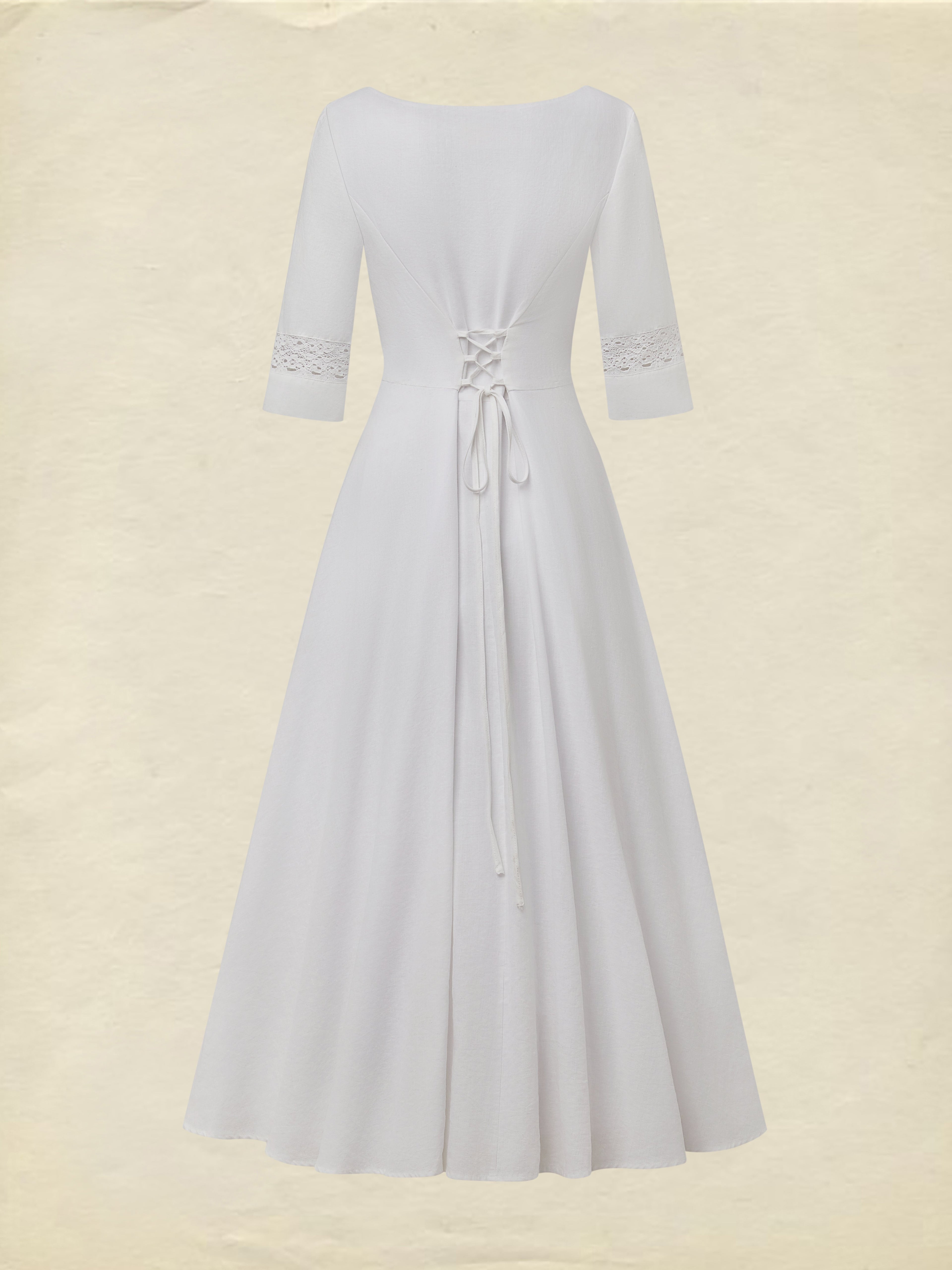 Midi Cotton Dress, Half Sleeve, Round Neck, Plain, Lace, Vacation, Vintage, White