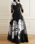 Shirt collar maxi dress organza print