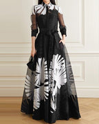 Shirt collar maxi dress organza print