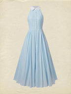 Maxi Linen Dress, Sleeveless, Shawl Collar, Plain, Button Design, Vintage, Blue