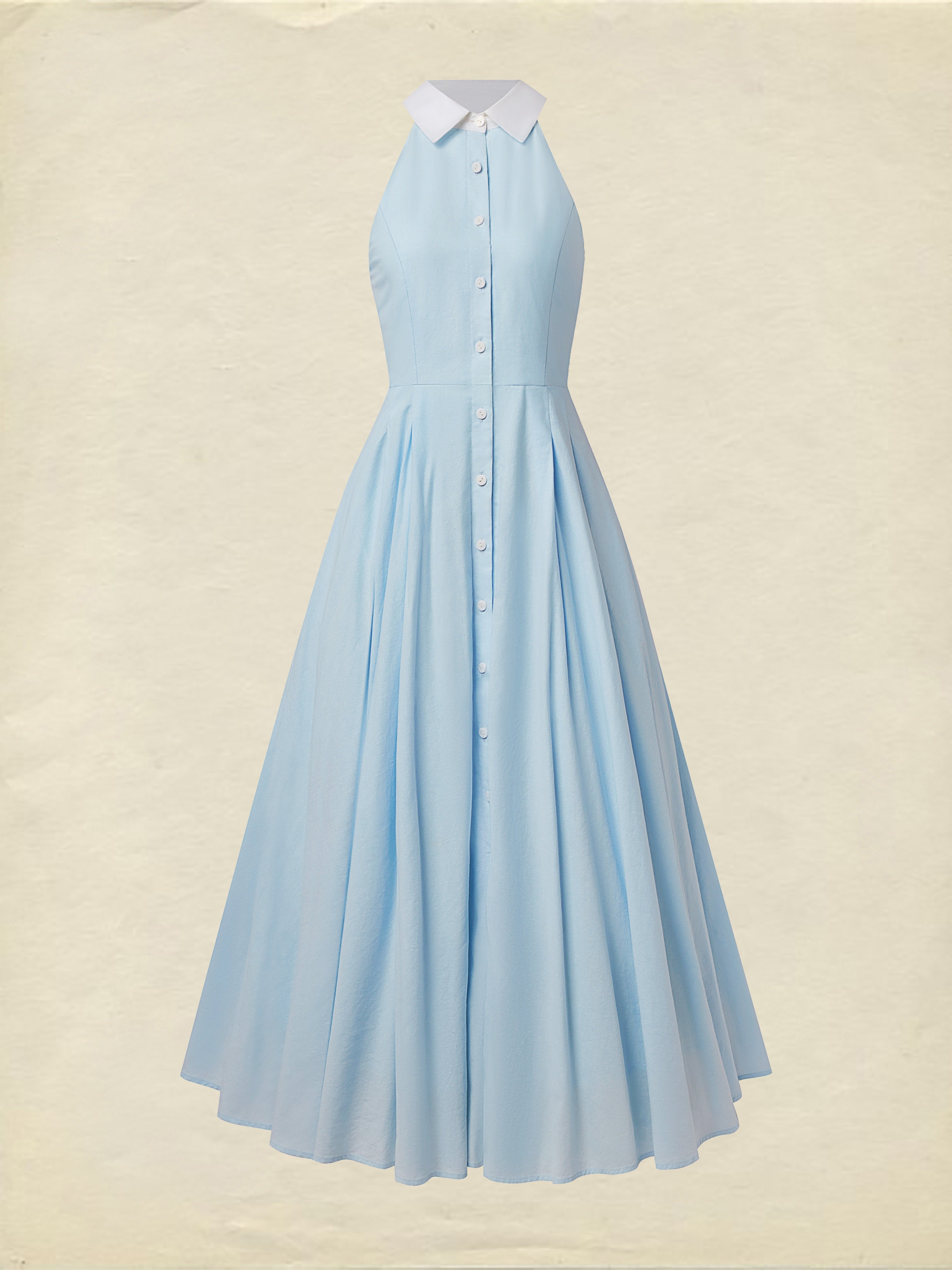 Maxi Linen Dress, Sleeveless, Shawl Collar, Plain, Button Design, Vintage, Blue