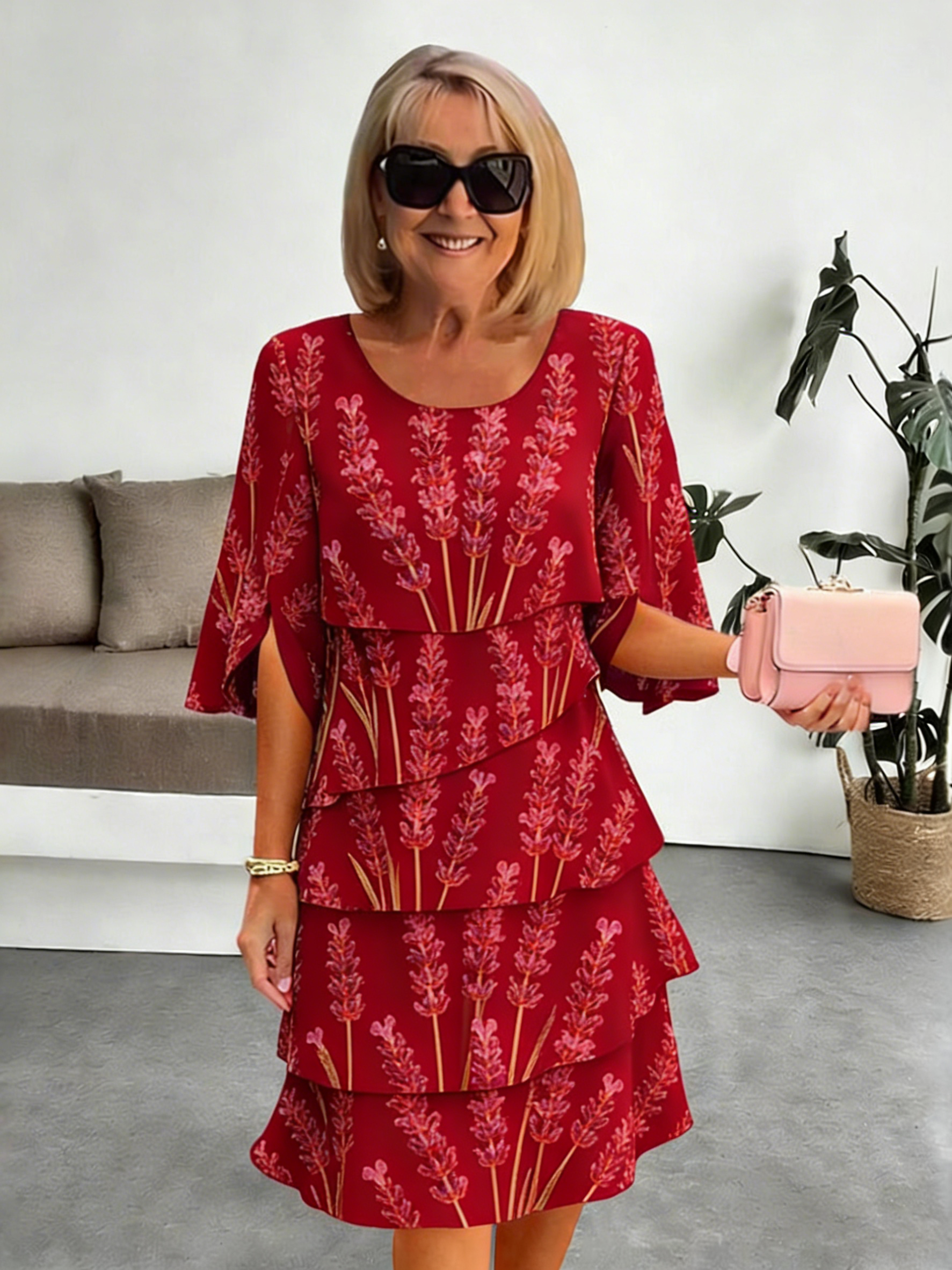 Lavender Chiffon Vacation Prints Color Round Neck Cake Skirt Splicing Dress Mid-length