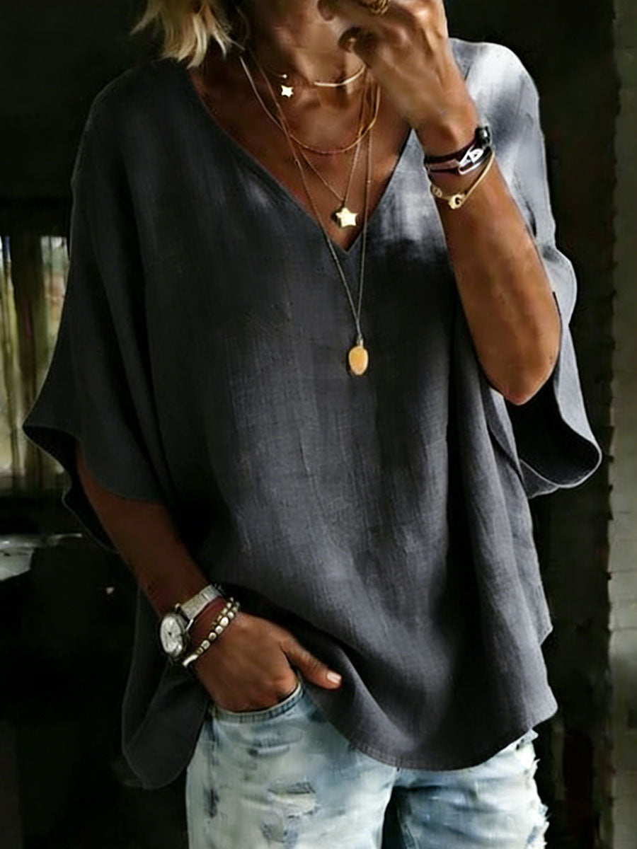 Women's 100% Cotton Classic Loose Fit V Neck Dolman Sleeve T-shirt