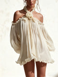 Cream Off Shoulder Chiffon Mini Dress With 3D Flower