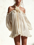 Cream Off Shoulder Chiffon Mini Dress With 3D Flower