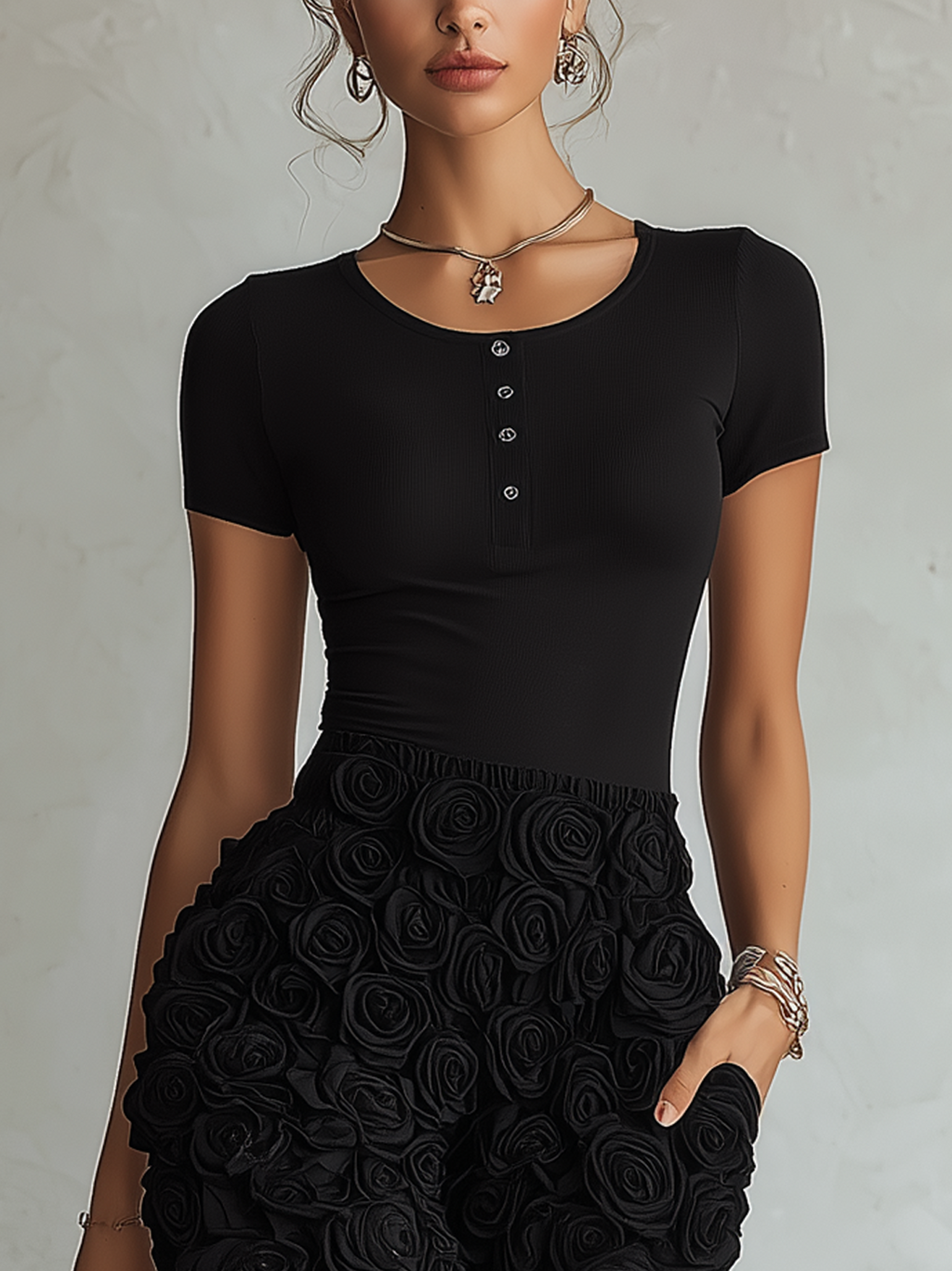 Black Embossed Floral Patchwork Mini Dress With Button Front