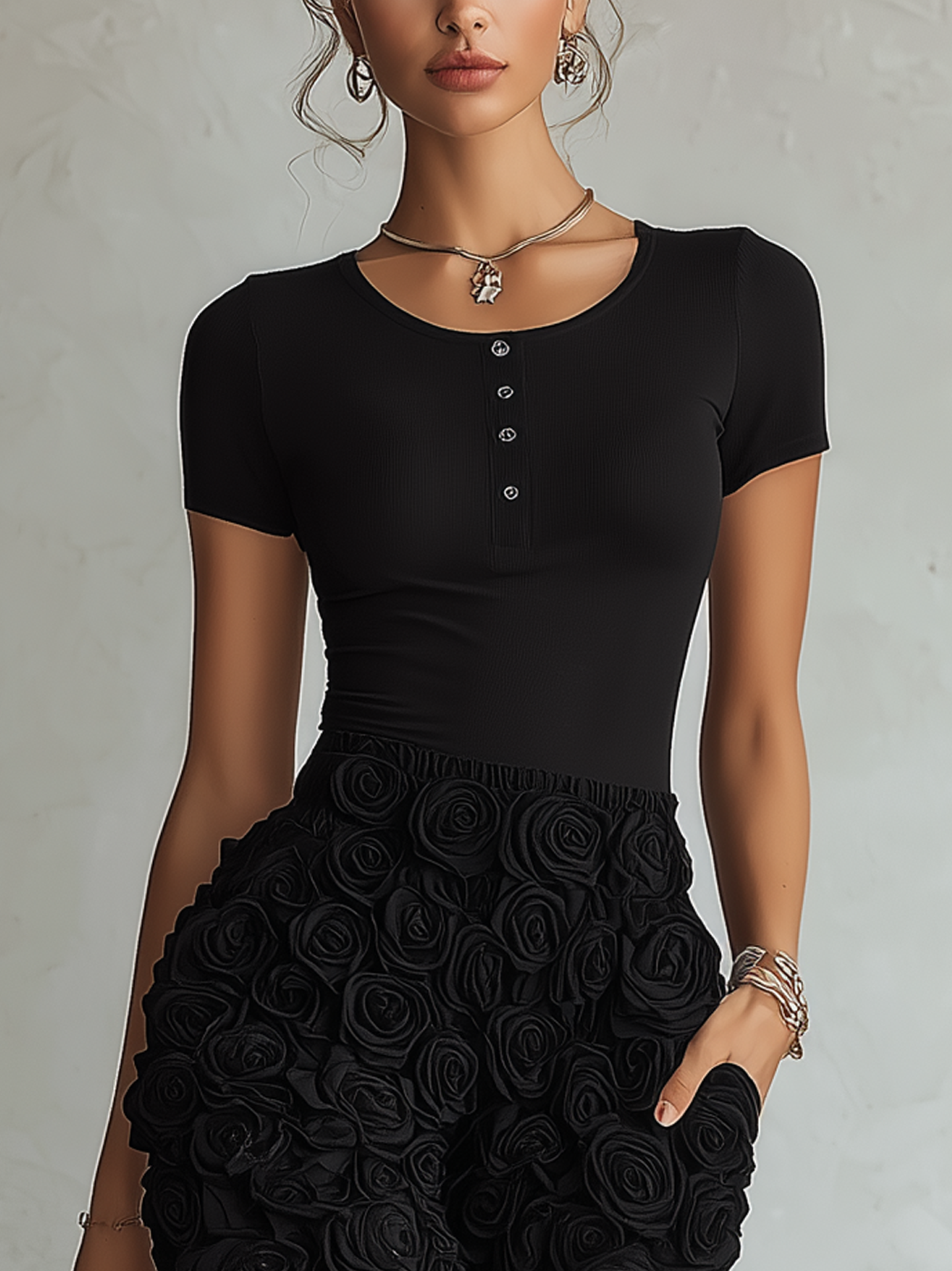 Black Embossed Floral Patchwork Mini Dress With Button Front