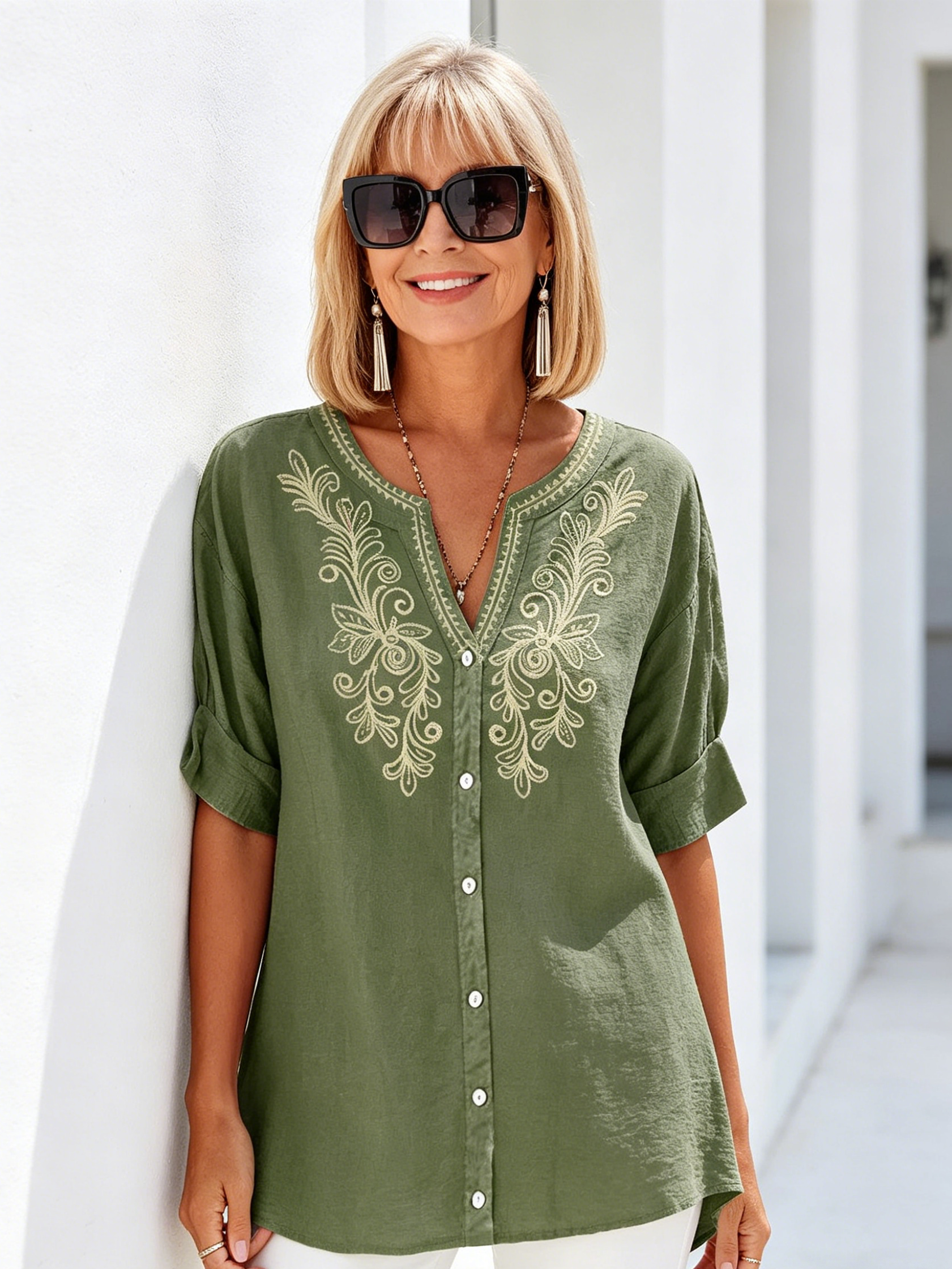 Embroidered Cotton and Linen Shirt Women's Solid Color Loose and Thin Five-quarter Sleeve Light Shirt