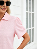 Textured Fabric V-Neck T-Shirt Bubble Sleeve Loose POLO Shirt Top