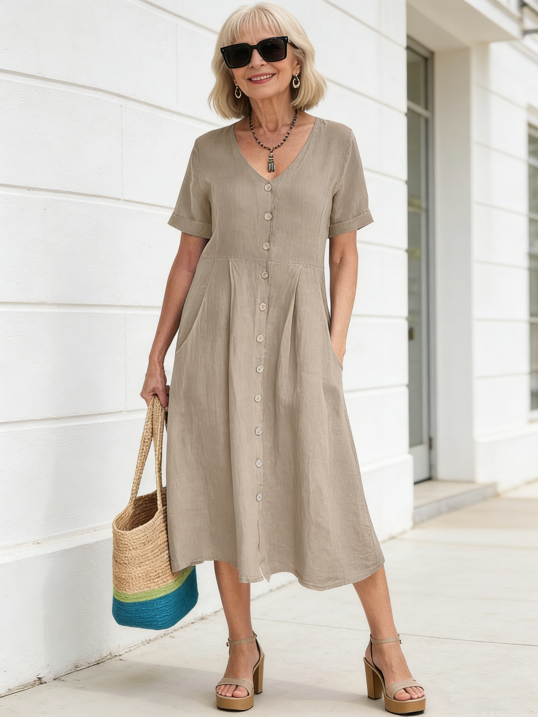 Solid Color Loose High Waist Cotton and Linen Dress