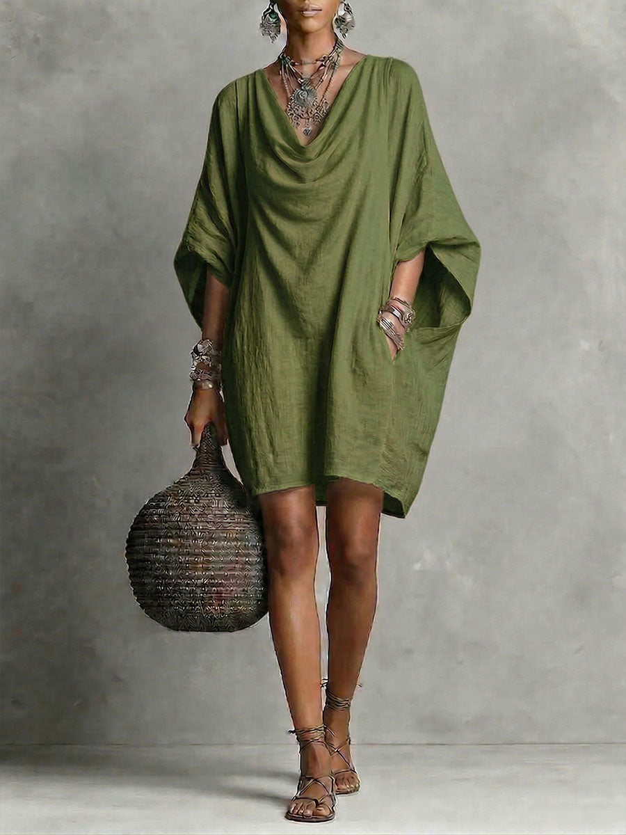 Women's Solid-color Cowl-neck 3/4-sleeve Casual Loose Cotton-linen Dress