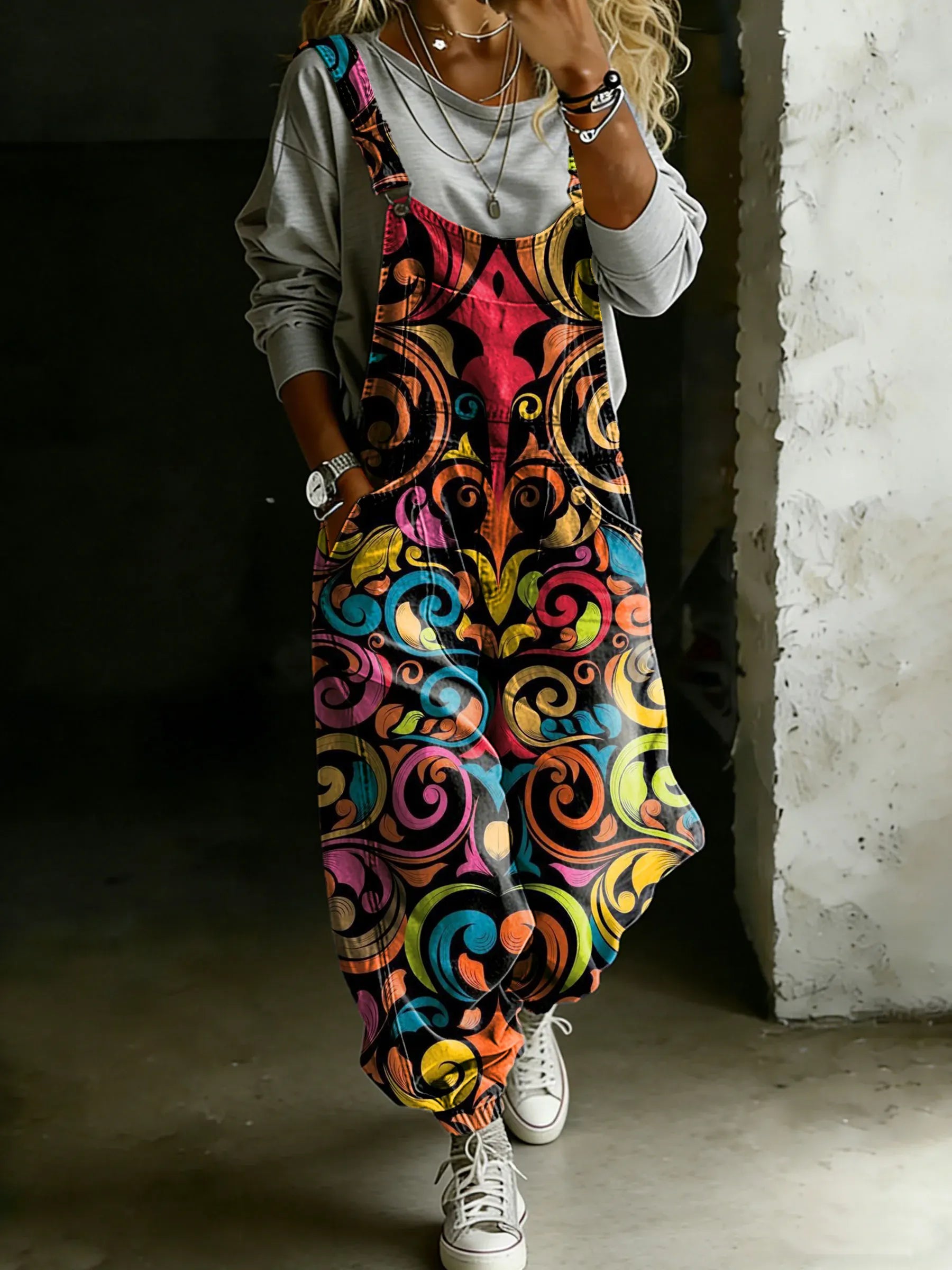 Women’s Vintage Multicolor Ethnic Art Print Casual One Piece Denim Jumpsuit
