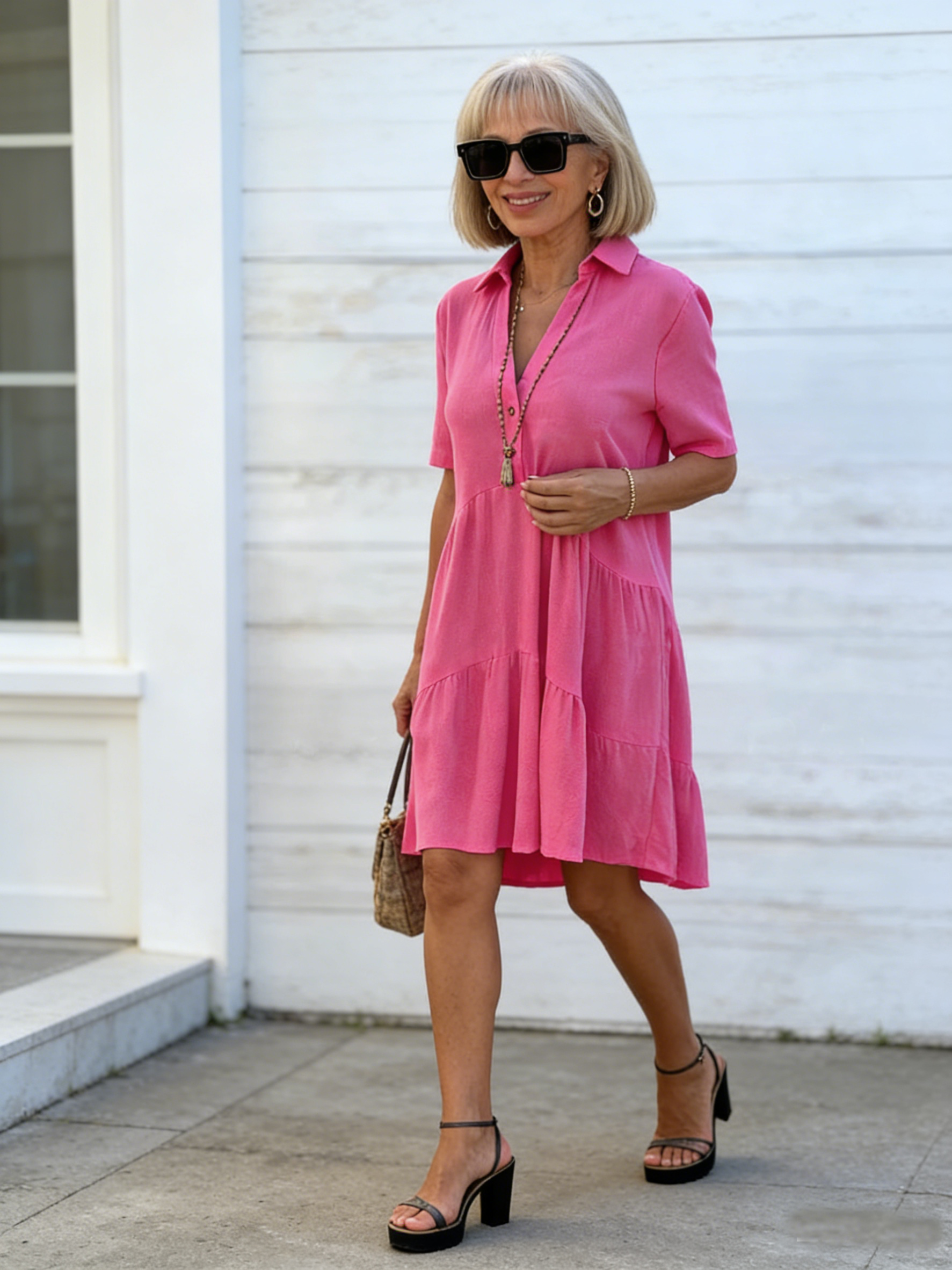 Loose Solid Color Lapel Casual Short-sleeved Cotton and Linen Dress