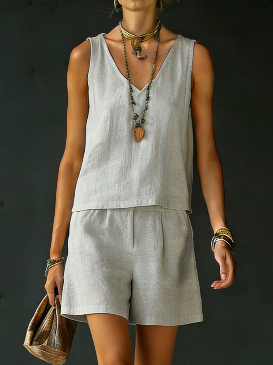 Classic Casual Sleeveless Linen Cotton Top And Shorts Two-piece Set